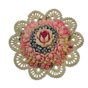Vtg Resin Floral Dome Brooch Victorian Revival Lace Flower Pink Cottagecore‎ Pin